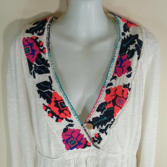 Free People Aztec White Embroidered Tunic Top Boho Hippie Waffle Thermal Large - Picture 3 of 15